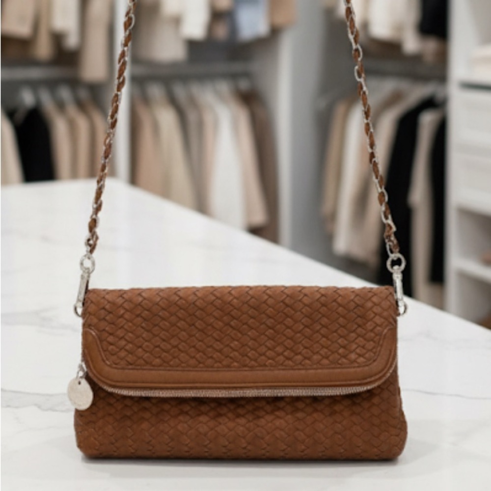 Deux Lux Woven Braided Crossbody Shoulder Leather Bag Purse Brown Gold Strap New
